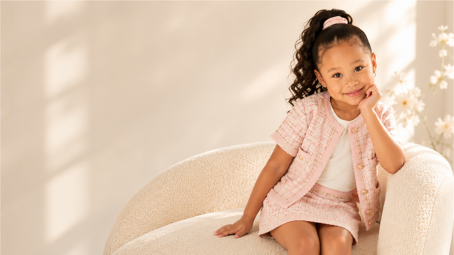 Milani, child model, seated in a blush tweed set in a bright minimal studio